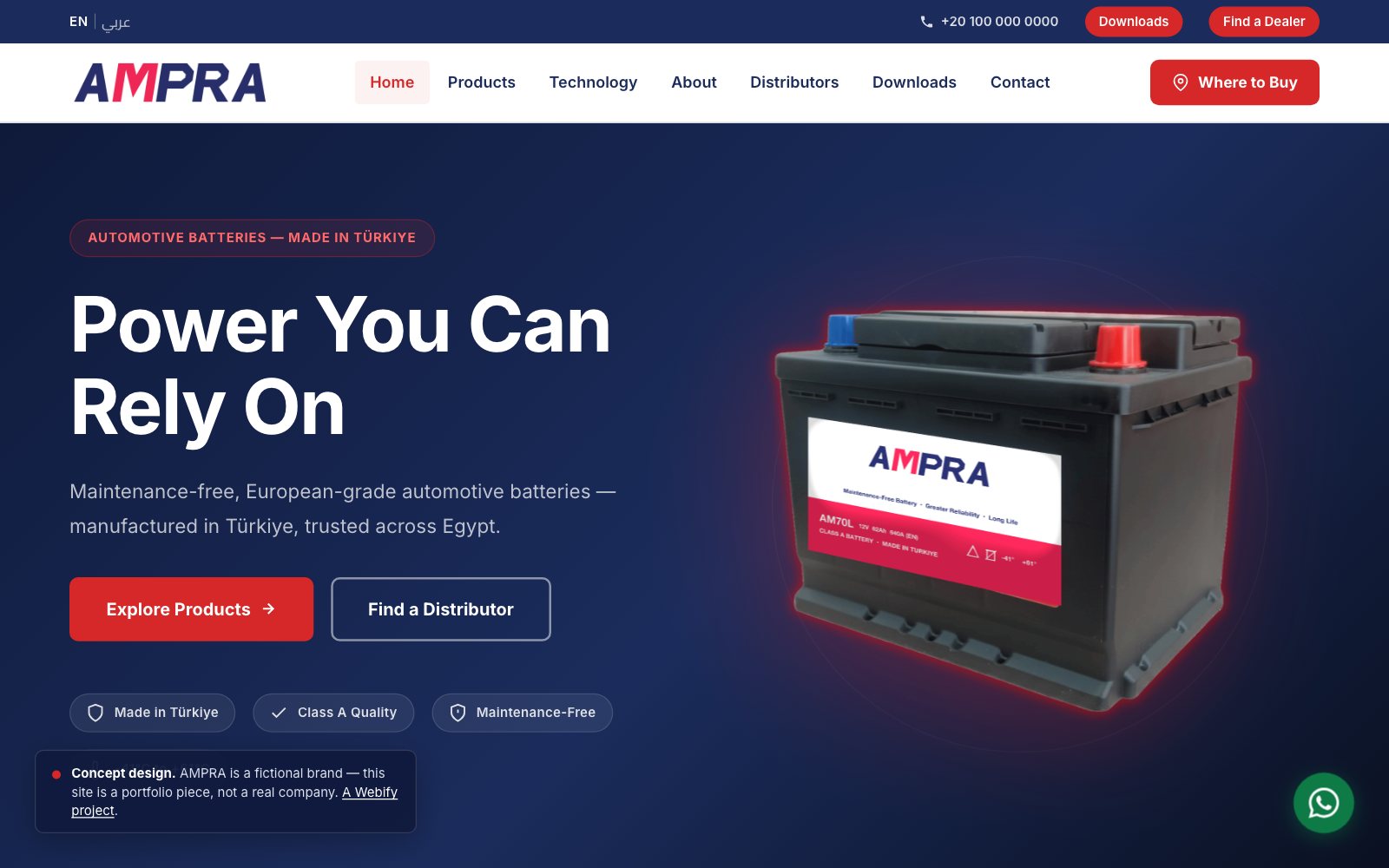 The AMPRA homepage: the headline “Power You Can Rely On” beside a battery on a navy background, with Explore Products and Find a Distributor buttons and a row of trust badges.