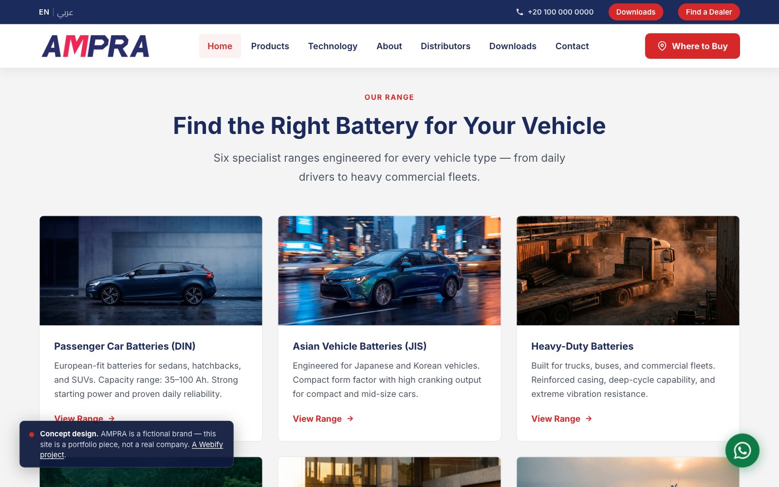 The AMPRA range section: “Find the Right Battery for Your Vehicle” above cards for Passenger Car (DIN), Asian Vehicle (JIS) and Heavy-Duty batteries, each with a photograph and a View Range link.