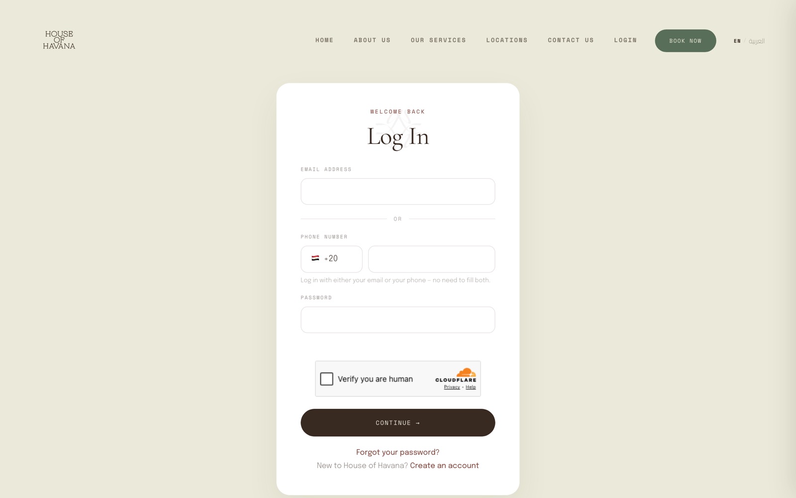 The House of Havana log-in page, where a customer signs in with either an email address or a phone number before reaching their own bookings.