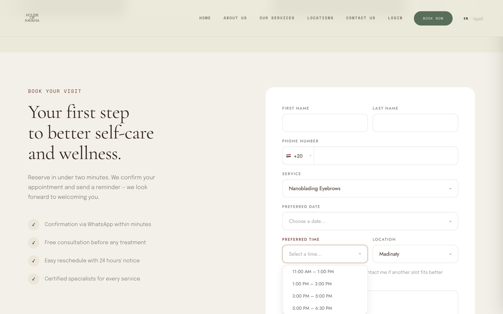 The form with a service and branch already selected and the time dropdown open, showing bookable slots through the day.