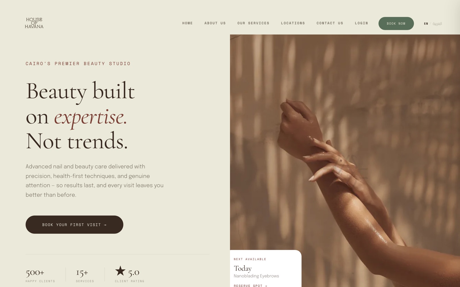The House of Havana homepage: the headline &ldquo;Beauty built on expertise. Not trends.&rdquo; beside a photograph, with a booking button below it.