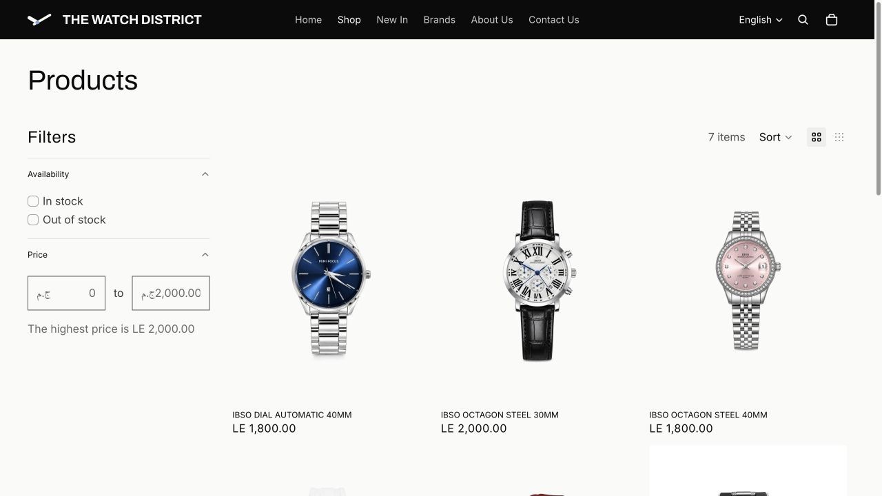 The Watch District catalog: a grid of watches with price and availability filters.