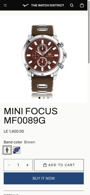 The Watch District on mobile: a MINI FOCUS watch, price, color options and purchase buttons in a single column.