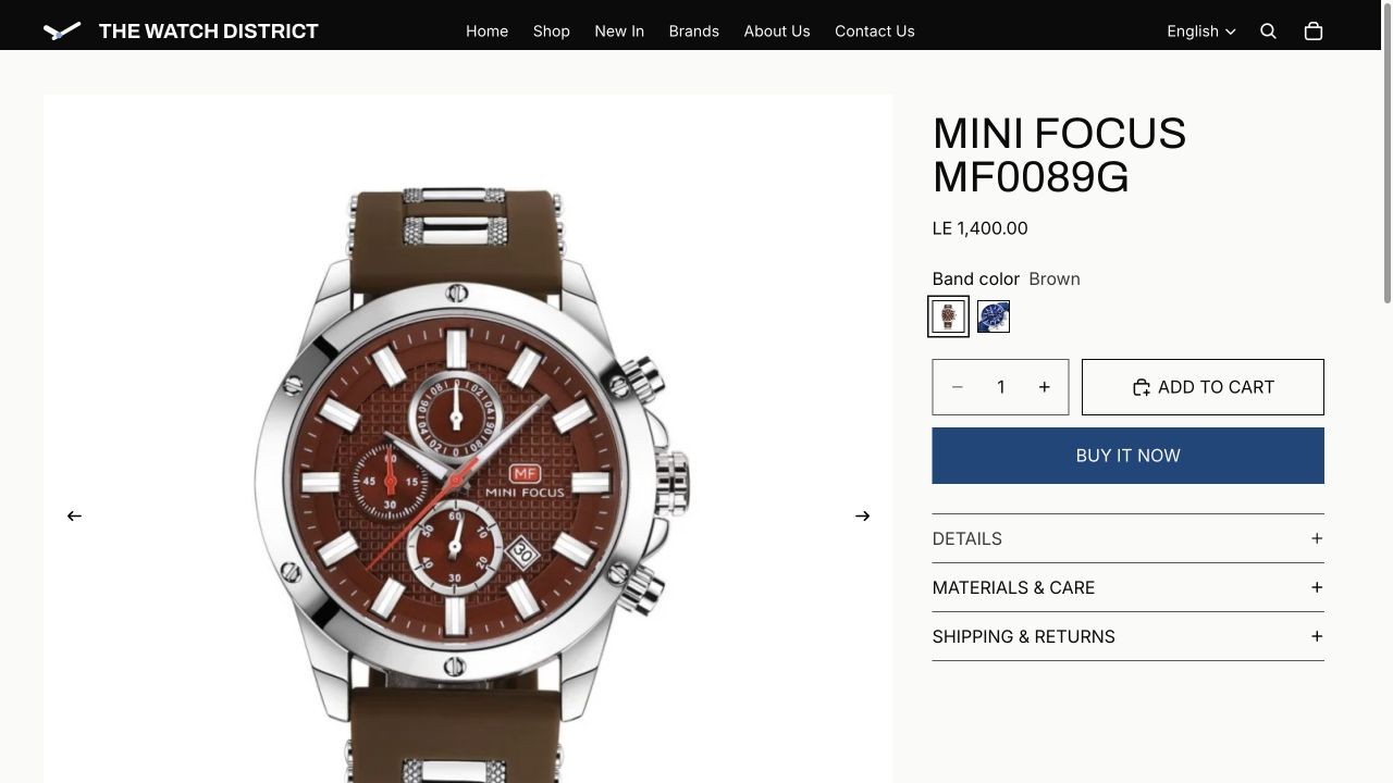 The Watch District product page, showing a MINI FOCUS watch with product options and purchase controls.